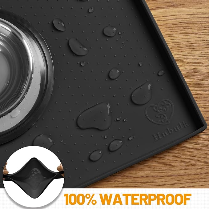 Hubulk Dog Feeding Mat,100% Waterproof Food Grade Silicone Pet Food and Water Bowl Placemat,Dishwasher, High Raised Edge to Prevent Spills,Nonslip Tray to Stop Messes on Floor (32"x24"x1.0", Black)