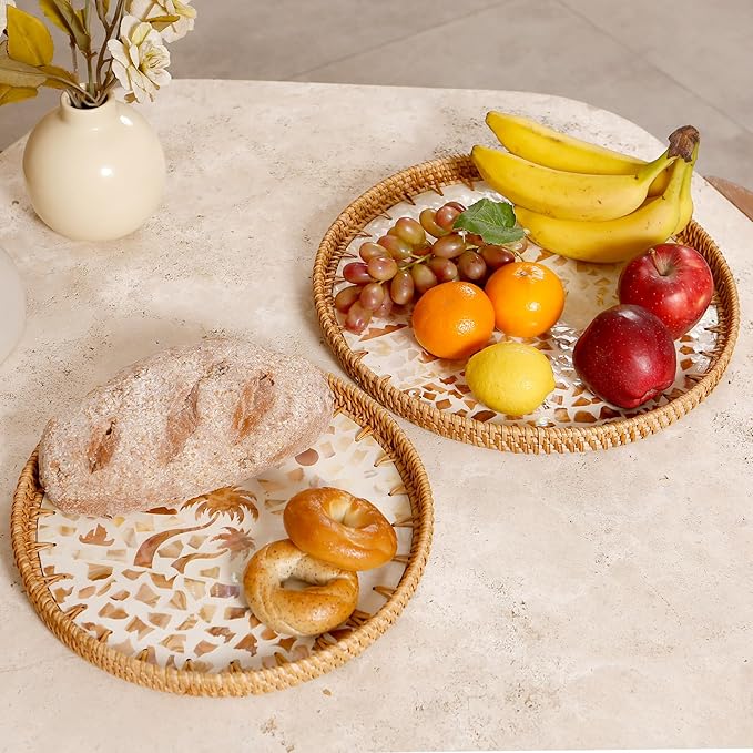Round Rattan Tray with Mother of Pearl Inlay & Wooden Base - Decorative Wicker Serving Tray for Coffee/Bread/Fruits, Food Storage & Display - Multipurpose Home Decor (L,Island)
