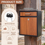Yaocom Locking Mailbox with Key for Outdoor 12 x 10.5 x 4.7 Inches Large Wall Mount Mail Box with Lock Security Mail Drop Metal Collection Boxes Hanging Secure Postbox(Wooden)
