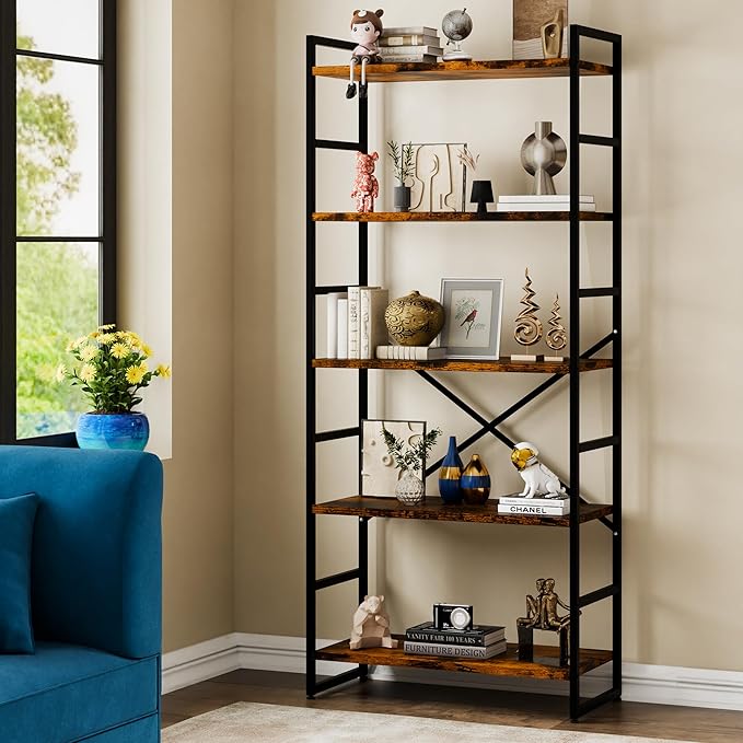 Walsunny Bookshelf, 5 Tier Bookshelves, Home Office Bookcase Shelf Storage Organizer, Free Standing Storage Shelving Unit for Bedroom, Living Room and Home Office,Rustic Brown