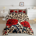 Erosebridal Rose Flower Comforter Set for Kids Girls Women, Leopard Print Down Comforter King Size, 3D Red Floral Petal Bedding Set Cheetah Animal Skin Quilted Duvet for Bedroom Decor, Brown