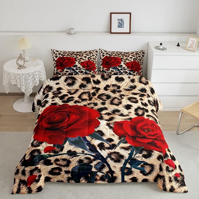 Rose Flower Comforter Set for Teens Adult Women Wedding Gift, Leopard Print Bedding Set Twin Size, Valentine's Day Cheetah Duvet Sets Leopard Animal Skin Down Comforter for Bedroom Decor, Brown