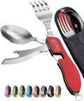 Orblue 4-in-1 Camping Eating Utensils, 2-Pack - Portable Spoon, Fork, Knife & Bottle Opener Combo Set - Stainless Steel Flatware with Detachable Fork - Travel, Backpacking Cutlery Multitool, Red