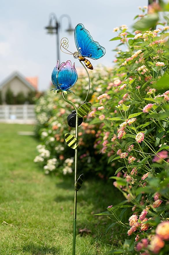 TERESA'S Collections Flower Yard Decorations Outdoor, 42'' Blue Glass Butterfly Solar Outdoor Lights Garden Decor for Outside, Metal Yard Art Garden Stake Decorative for Patio Decor,Gifts for Mom