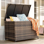 MEISSALIVVE 178 Gallon Outdoor Storage Box, Handle Large Portable Wicker Rattan Deck Box for Patio Furniture Cushions, Patio Deck Box with 2 WheelsThrow Pillows, Garden Tools and Pool Floats (Brown)