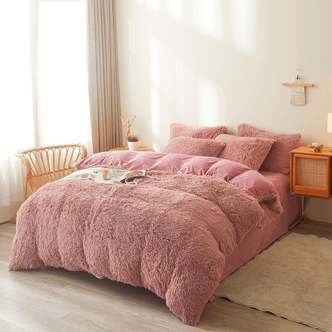 Old Pink Plush Fluffy Comforter Cover Set Queen - Ultra Soft Faux Fur Old Pink Bedding Sets 3 Pieces (1 Fuzzy Duvet Cover + 2 Pillow case) Shaggy Bed Set (Old Pink, Queen)