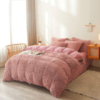 Old Pink Plush Fluffy Comforter Cover Set Queen - Ultra Soft Faux Fur Old Pink Bedding Sets 3 Pieces (1 Fuzzy Duvet Cover + 2 Pillow case) Shaggy Bed Set (Old Pink, Queen)