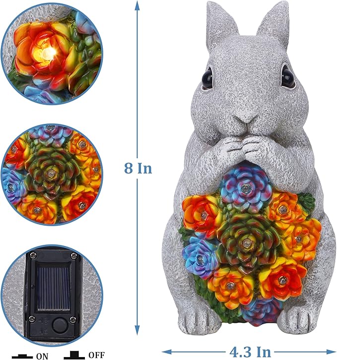 FORUP Easter Solar Garden Outdoor Statues, Bunny Statue with Succulent, Resin Figurine Garden Lawn Ornaments with 8 LED Lights, Rabbit Statue for Easter Outdoor Lawn Yard Garden Decorations