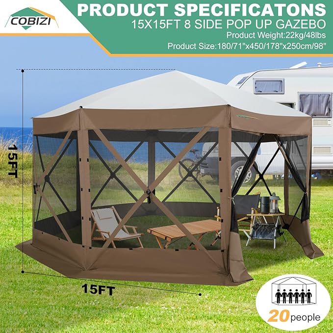 COBIZI 15x15ft Extra Large Pop-Up Gazebo Canopy Tent with Mosquito Netting, Spacious Easy Set-Up Screened Shelter, Durable Outdoor Pavilion with Ground Stakes, Perfect for Patio, Backyard, and Lawn