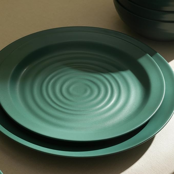 Stone Lain Orbit 12-Piece Dinnerware Set Stoneware, Plates and Bowls Set, Pasta Bowls, Microwave and Dishwasher Safe, Dish Set for 4, Green