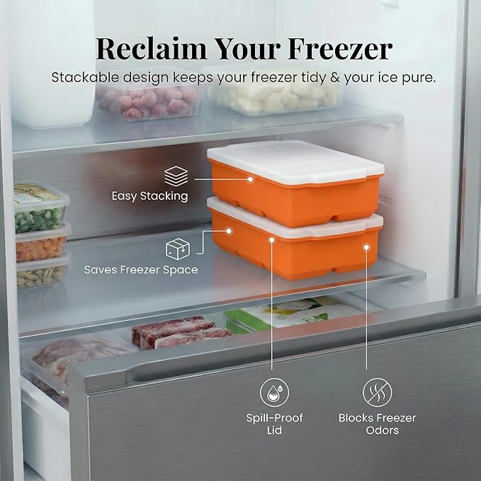 KitchFort® Large Silicone Ice Cube Tray (2-Pack), Easy Release 2" Big Ice Cubes - Cocktail, Whiskey Ice Cubes Mold - Ice Trays for Freezer with Lid - Stackable Silicone Ice Tray - Orange