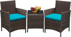 Greesum 3 Pieces Patio Furniture Sets Outdoor PE Rattan Wicker Chairs with Soft Cushion and Glass Coffee Table for Garden Backyard Porch Poolside, Brown and Blue