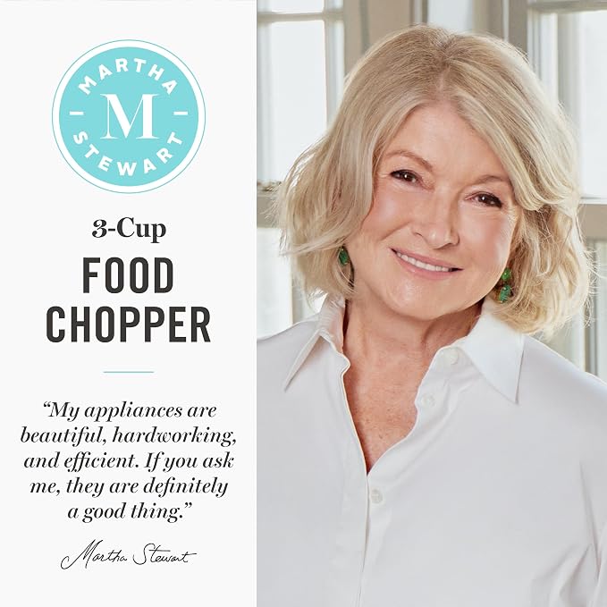Martha Stewart 3 Cup Electric Vegetable Chopper & Mini Food Processor, Blue | 24oz BPA-Free Bowl, Stainless Steel Blades, Pour Spout, Dice, Puree, Mince, Chop Vegetables & Herbs, Dishwasher-Safe Parts