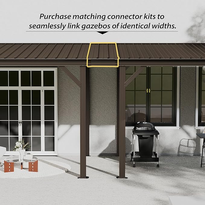 Domi 10'x12' Wall Mounted Hardtop Gazebo, Connectable Lean to Pergola with Gutters & Galvanized Steel Roof, 60MPH Wind Resistance, Outdoor Heavy Duty Metal Awning for Patio, Deck, Backyard - Brown
