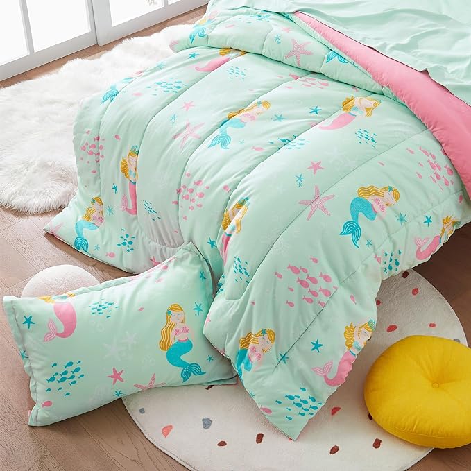 SLEEP ZONE Kids Bedding Comforter Set Full/Queen Size - Super Cute & Soft Kids Bedding 7 Pieces Set with Comforter, Sheet, Pillowcase & Sham (Mermaid Princess)