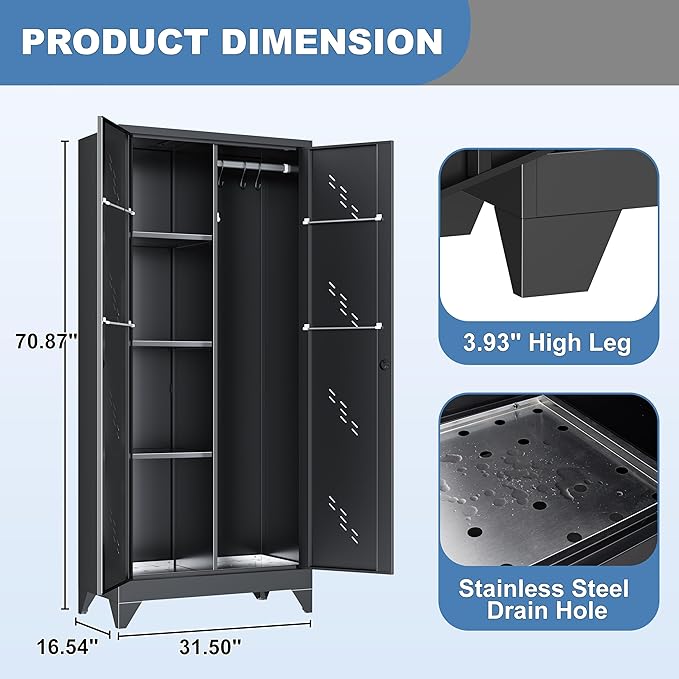 Metal Garage Storage Cabinet with Locking Doors, 71" Tall Broom Closet Storage Cabinet, Heavy Duty Garage Organization Cabinets, Steel Cabinet with Hanging Rod, Assembly Required