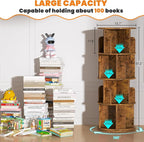 Rotating Bookshelf, Corner Bookshelf, 360 Display Wood Spinning Bookcase Storage Rack, Floor Standing Revolving Bookcase Narrow Book Shelf Organizer for Small Space, Bedroom, Rustic Brown