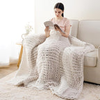 Battilo Chunky Knit Throw Blanket, Soft and Thick Chenille Throw Blanket, 50"x60" Handmade Cable Knit Crochet Blanket, Large Rope Knot Throw Blankets for Couch Sofa Bed Home Decor, Beige & White