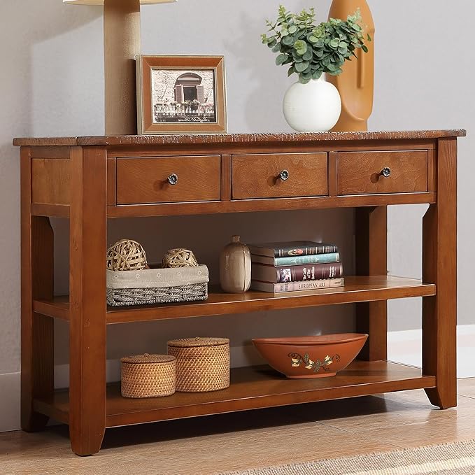 Farmhouse Wood Entry Console Table 48-Inch Modern Sofa Entryway Table with Drawers and Storage Shelves for Entrance Living Room (Brown)