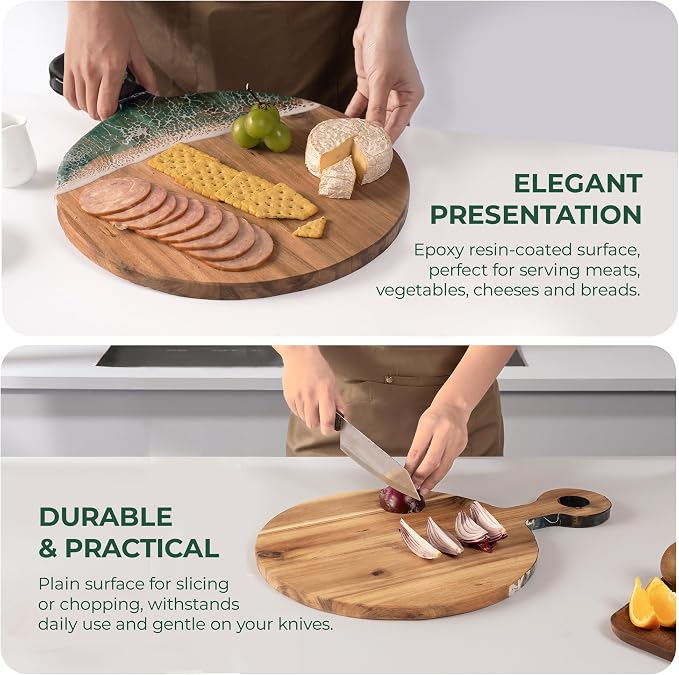Acacia Wood Serving Board with Ocean Resin Art, 14.6" x 10.2" Charcuterie Cheese Tray for Display & Prep, Cutting Board on Back, Includes Stand & Loofah, Christmas Housewarming Gift (Round)