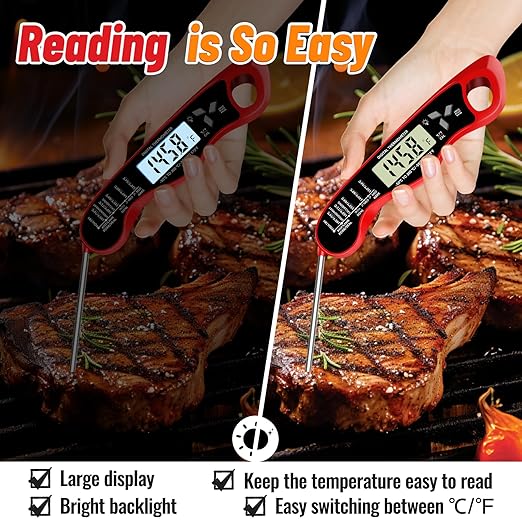 Meat Thermometer, IP67 Waterproof Digital Meat Thermometer with Backlight, Hold Function & Magnet for Grill, BBQ, Candy, Beef,Turkey，Gadgets Essentials BBQ Accessories,Mens Stocking Stuffers