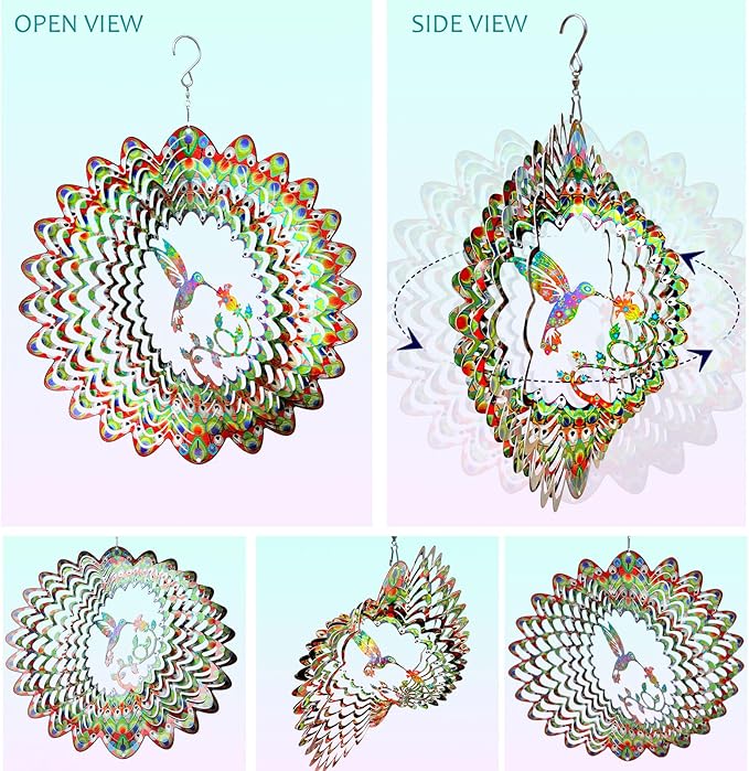 Hummingbird Wind Spinner for Yard and Garden,12in 3D Wind Spinner Hummingbird Gift for Women/Mother/Father/Men,Hanging Bird Wind Catchers Kinetic Yard Art Ornaments Outdoor Wind Sculptures
