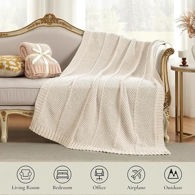 Amélie Home Chenille Knit Throw Blanket for Couch, Chevron Texture Decorative Soft Blanket for Sofa, Bed & Chair, 60"x80", Ivory