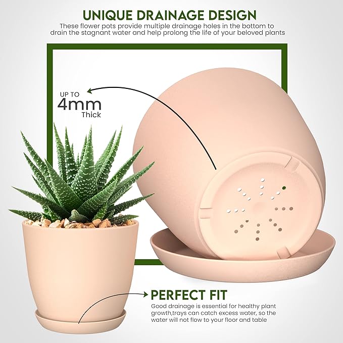 Utopia Home - Plant Pots with Drainage - 7/6.6/6/5.3/4.8 Inches Home Decor Flower Pots for Indoor Planter - Pack of 5 Plastic Planters, Cactus, Succulents Pot - Pink