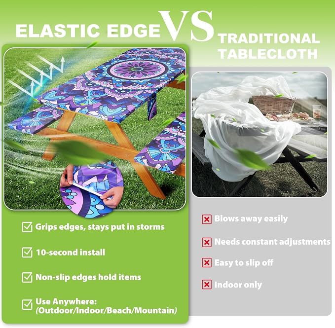 Fitted Picnic Table Cover with Bench Covers Vinyl Waterproof Elastic Edges Fitted Rectangle Tables Patio Tablecloth Camping Gear and Essentials Rv Accessories Road Trip Supplies Car Travel Must Haves
