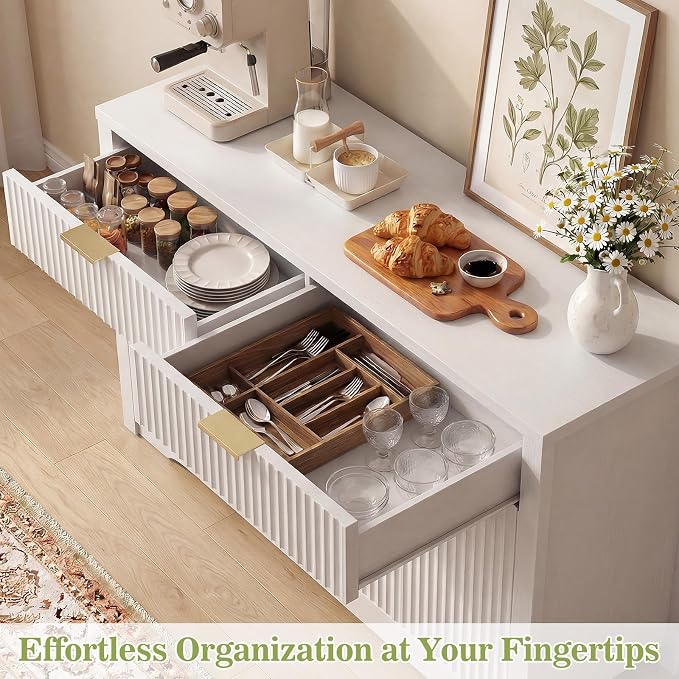 Cyclysio 55" Fluted Sideboard Buffet Cabinet with Drawers, White | Modern Accent Storage Console Table & Coffee Bar Station with Adjustable Storage Shelves for Dining Room, Kitchen, Entryway