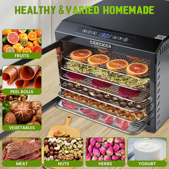 Food-Dehydrator Machine 7 Stainless Steel Trays, 6ft² Small Food Dryer, 190ºF,24H Fruits Dehydrator, 800W Meat Dryer for Jerky,Mushroom,Herbs,Veggies,Dog Treats