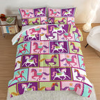 HOSIMA 3Pcs Kawaii Kids Horse Comforter Set with 2 Pillowcases,Colorful Dots Style Full Size Bed in a Bag Set for Adults Teens Princess Toddler Bedding Set,Horse Pony Full Size Comforter Sets.