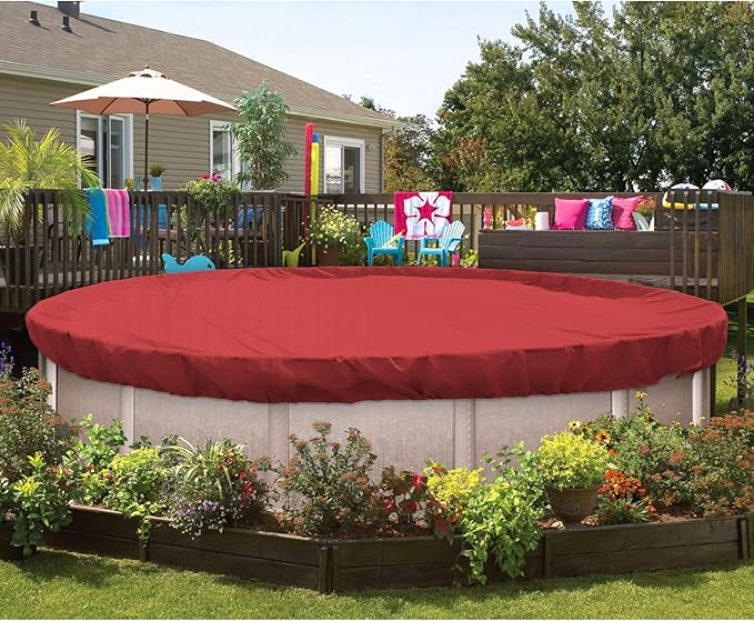 ECOOPTS 12 ft Round Pool Cover for Above Ground Pools, Swimming Pool Cover Protector Winter Safety Cover (Red)
