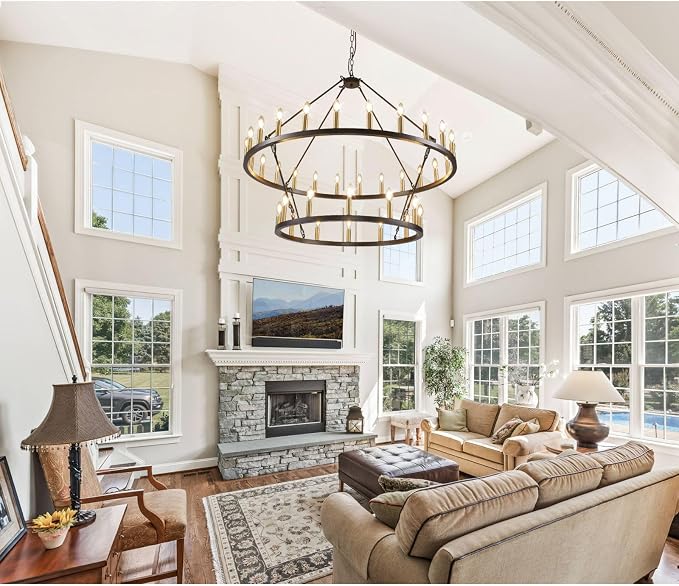 47 Inch Round Black and Gold Chandelier, 2 Tier 36-Lights Farmhouse Wagon Wheel Chandelier, Rustic Dining Room Light Fixtures, Extra Large Foyer Chandeliers for High Ceilings, for Staircase, Entryway