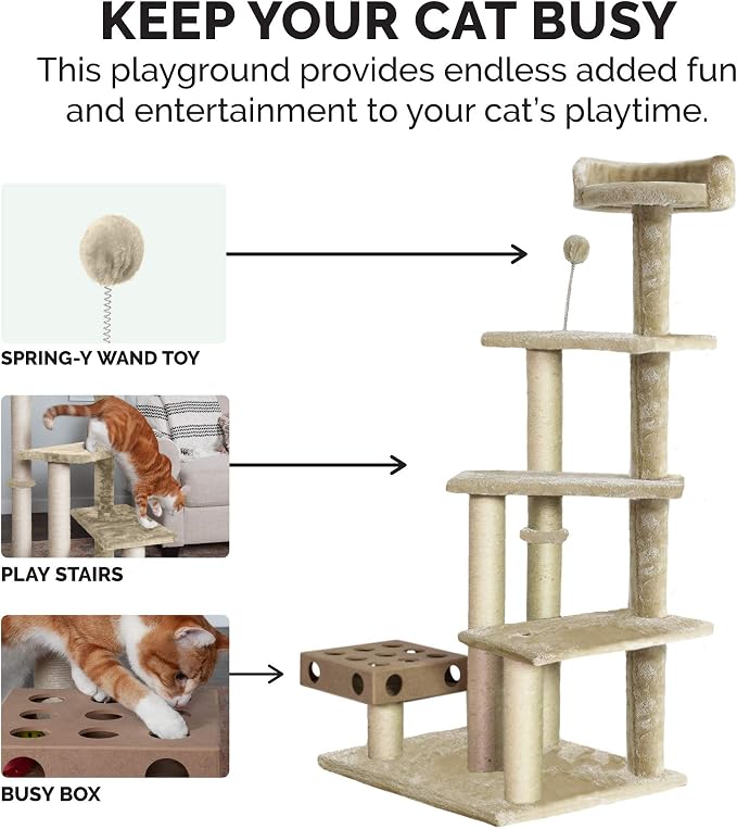 Furhaven 49.5" Tall Cat Tree for Indoor Cats, Ft. Sisal Scratching Posts, Plush Ball Toy, & Busy Box Toy - Tiger Tough Play Stairs Interactive Playground Tower - Cream, One Size