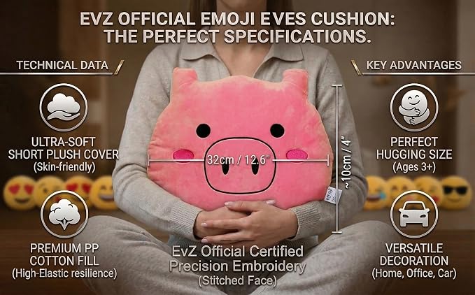 EvZ Official Certified Pig Emoji Pillow - 32cm Large Soft Plush Pink Piggy Face Emoticon Cushion - Cute Animal Decorative Stuffed Toy for Kids Room, Baby Shower & Nursery Decor (Pink)