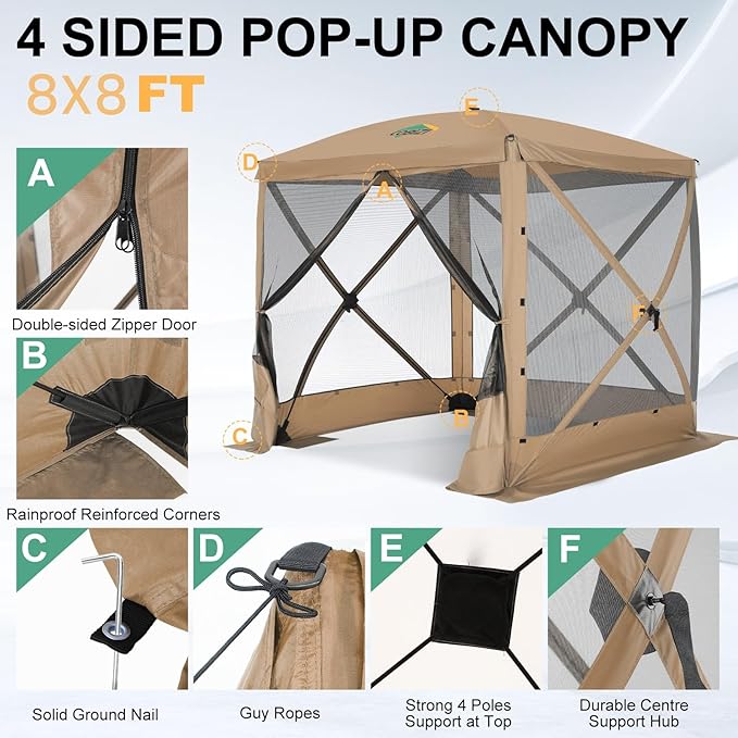 COBIZI 6x6 Pop up Gazebo Tent, Ez up Waterproof Screen Tent Screen House, Portable Outdoor Canopy Sun Shelter with Carry Bag & Ground Stakes for Camping, Garden and Picnics, Khaki(Upgraded 2.0)