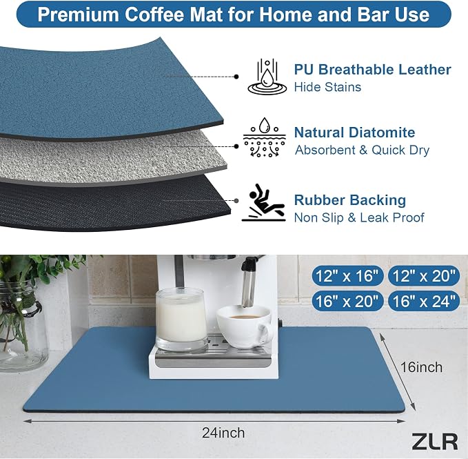 ZLR Large Coffee Bar Mat for Coffee Station, 16"x24" XL, Navy Blue | Oversized Counter Protector, Absorbent Dish Drying Mat, Fits Espresso, Grinder, Frother & Cup Display, Hides Stains