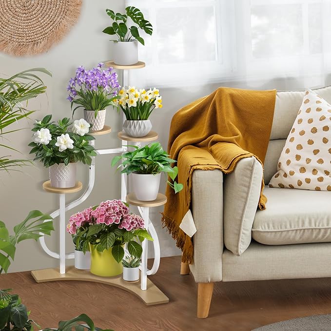 6-Tier Corner Plant Stand, Indoor Plant Stand with L-shaped Base, Aesthetic Metal Plants Shelf for Multiple Plants Flower Pot, MDF Outdoor Plant Holder for Patio Balcony (White)