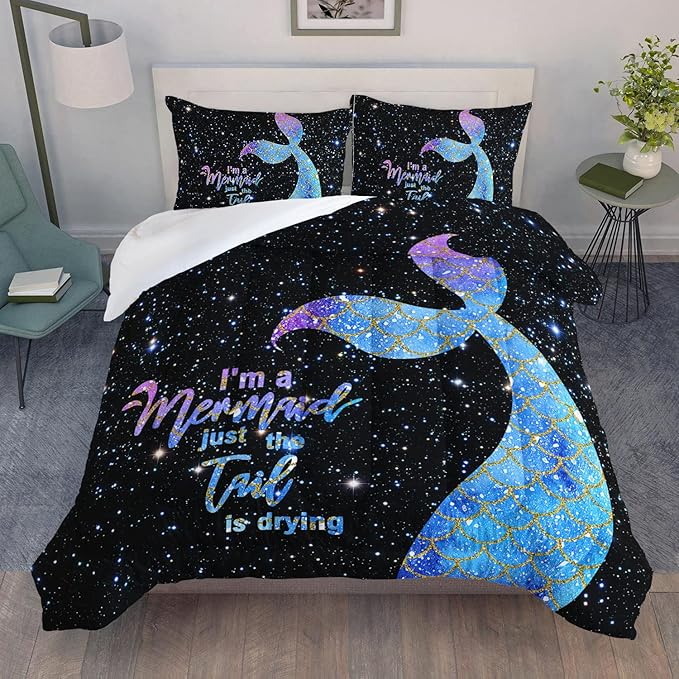 Datura home Bedding Comforter Set Black Starry Sky Mermaid Printed Pattern Quilt with 1 and 2 Pillowcases for Girls Bedroom All Season(Black Queen) Queen 90x90inches