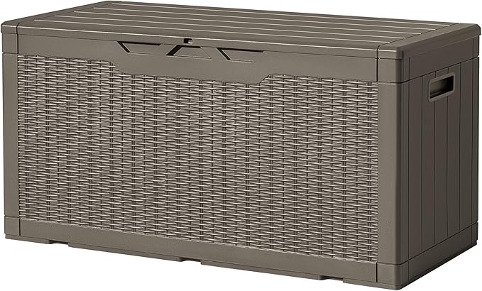 Devoko 97 Gallon Deck Box, Waterproof Resin Outdoor Storage Box for Outside and Patio, Large Outdoor Storage Bench Cabinet Lockable for Patio Furniture, Garden Tools and Pool Supplies (Brown)
