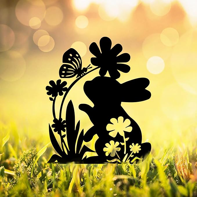 Ecqizer Bunny Garden Statues Metal Rabbit Yard Art Outdoor Clearance Black Rabbit Decor Silhouett Animals Stake Garden Decorations Outdoor Garden Statue for Lawn and Yard Decor Ornaments