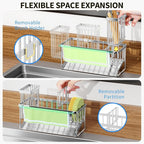 Cisily Kitchen Sink Caddy Organzier with High Brush Holder, Sponge Holder for Sink, 304 Rustproof Stainless, Kitchen Countertop Soap Dispenser Organizer (Silver With Towel Rack, 9.25″)