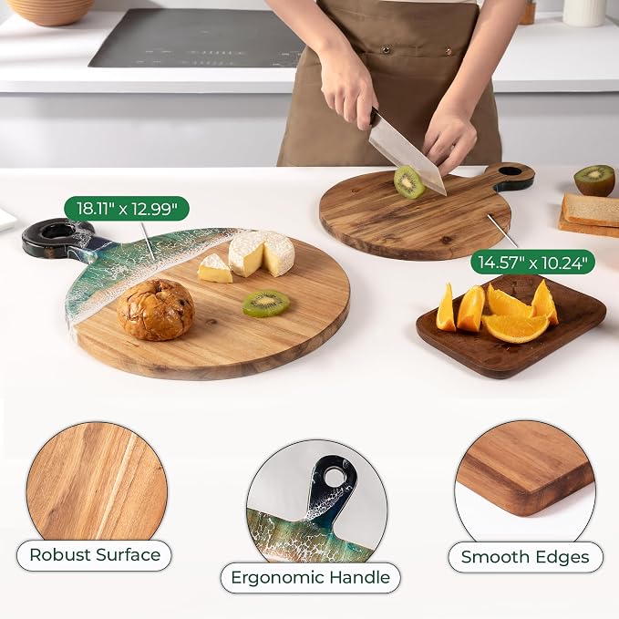 Acacia Wood Serving Board with Ocean Resin Art, 18.1" x 13" Charcuterie Cheese Tray for Display & Prep, Cutting Board on Back, Includes Stand & Loofah, Christmas Housewarming Gift (Round)