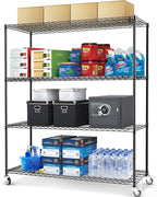 Rengue 4-Tier Wire Shelving with Wheels, 60"x 24"x72" Metal Storage Shelves, Heavy Duty Garage Storage Shelves, Chrome 2400LBS Capacity Wire Shelf Rack for Restaurant, Garage, Pantry, Black