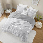 Codi Grey Queen Comforter Set, Silver Print Bedding Sets for Queen Size Bed - 4 Piece includes 1 Queen/Full Comforter with 1 Decorative Pillow and 2 Pillow Cases - All Season Warm