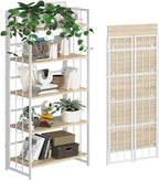 4NM No-Assembly 5 Tiers Folding Bookshelf Storage Shelves Vintage Bookcase Standing Racks Study Organizer Home Office - Natural and White