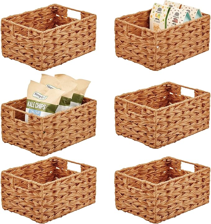 mDesign Woven Farmhouse Kitchen Pantry Food Storage Organizer Basket Bin Box - Container Organization for Cabinets, Cupboards, Shelves, Countertops - Store Potatoes, Onions, Fruit, 6 Pack, Camel Brown