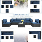 Shintenchi 7 Pieces Outdoor Patio Sectional Sofa Couch, Black Wicker Furniture Conversation Sets with Washable Cushions & Glass Coffee Table for Garden, Poolside, Backyard (Aegean Blue)
