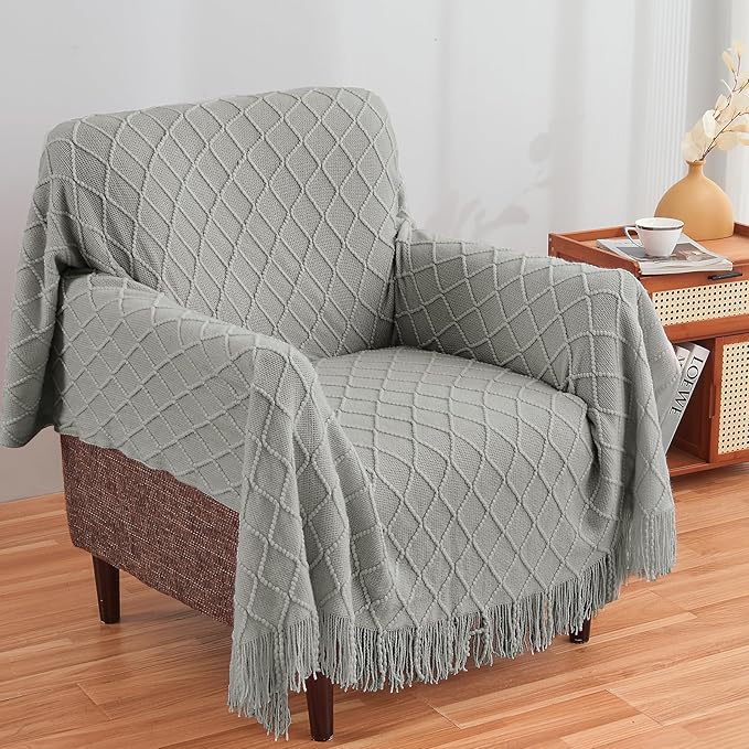 inhand Knitted Throw Blankets for Couch and Bed, Soft Cozy Knit Blanket with Tassel, Light Grey Lightweight Decorative Blankets and Throws, Farmhouse Warm Woven Blanket for Men and Women, 60"x80"